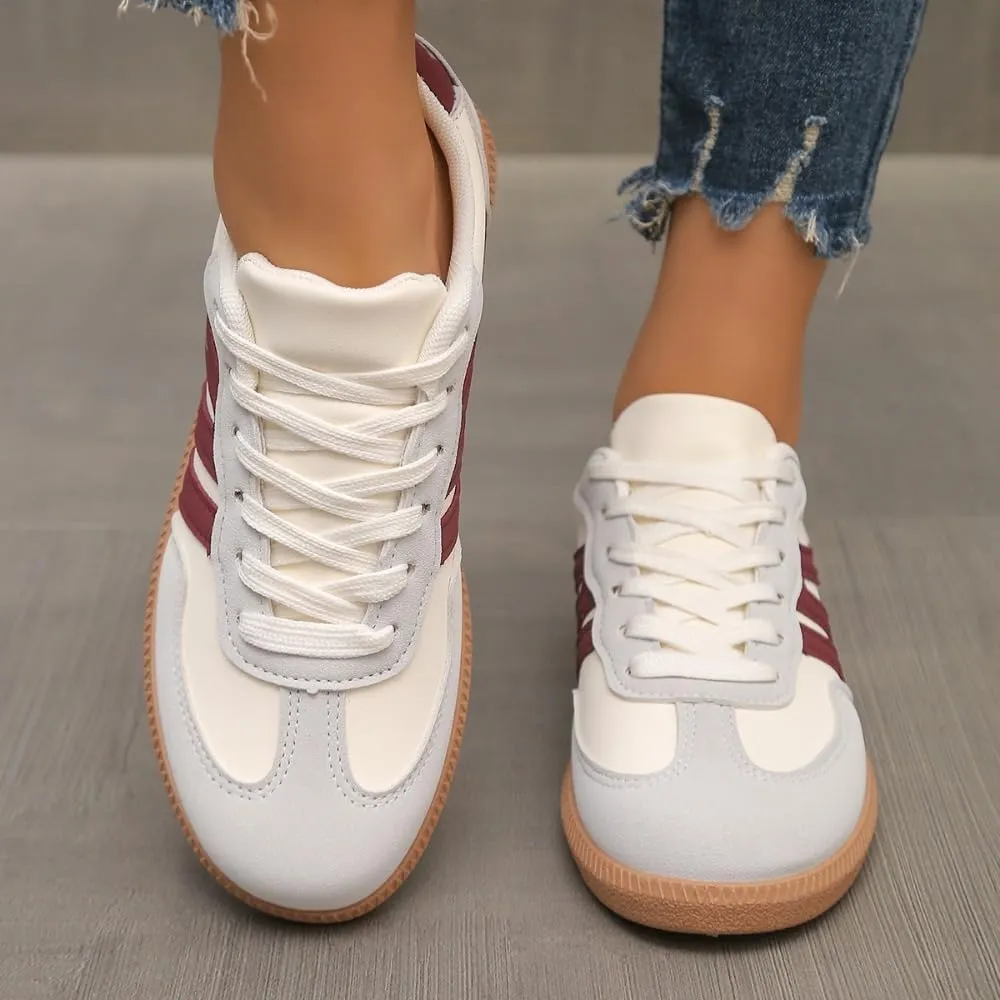 Women's Fashionable Patchwork Lace Up Low Top Casual Flat Sneakers, Comfortable Sports Walking Shoes for Daily Wear, Female All-Match Round Toe Shoes