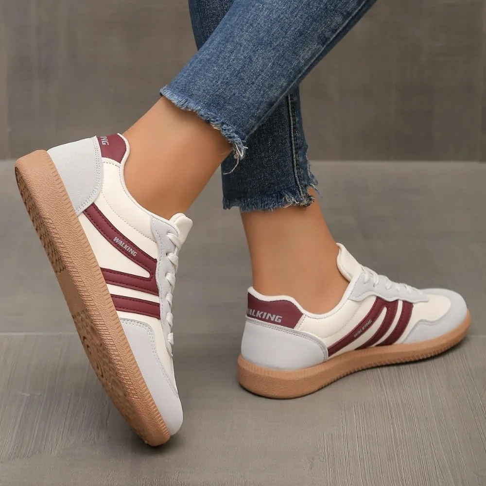 Women's Fashionable Patchwork Lace Up Low Top Casual Flat Sneakers, Comfortable Sports Walking Shoes for Daily Wear, Female All-Match Round Toe Shoes