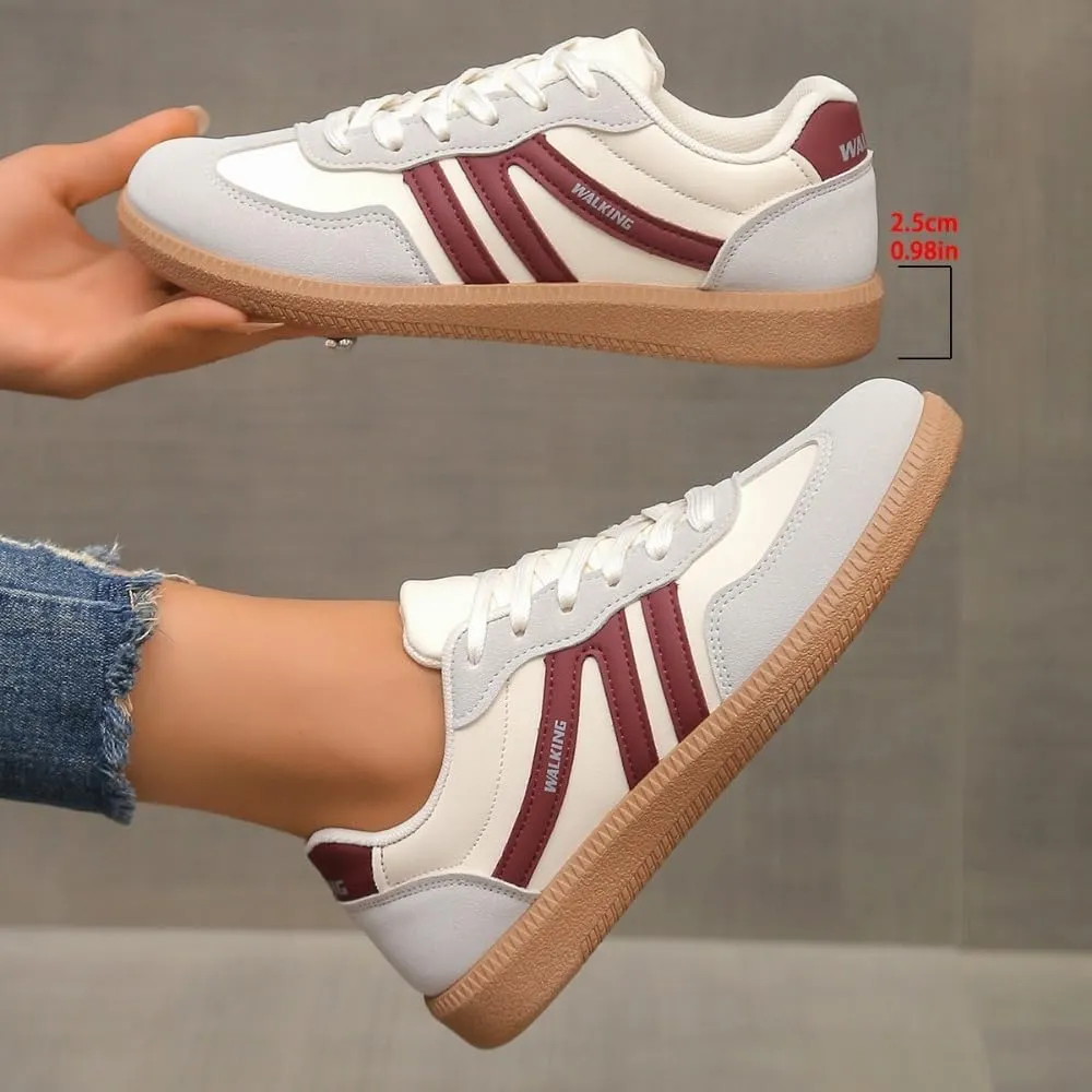 Women's Fashionable Patchwork Lace Up Low Top Casual Flat Sneakers, Comfortable Sports Walking Shoes for Daily Wear, Female All-Match Round Toe Shoes