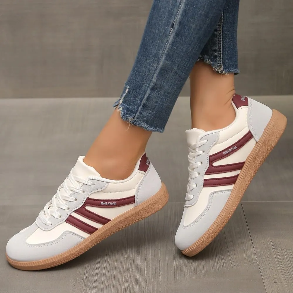 Women's Fashionable Patchwork Lace Up Low Top Casual Flat Sneakers, Comfortable Sports Walking Shoes for Daily Wear, Female All-Match Round Toe Shoes