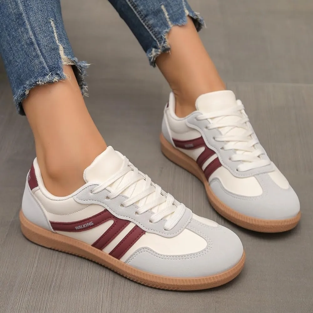 Women's Fashionable Patchwork Lace Up Low Top Casual Flat Sneakers, Comfortable Sports Walking Shoes for Daily Wear, Female All-Match Round Toe Shoes