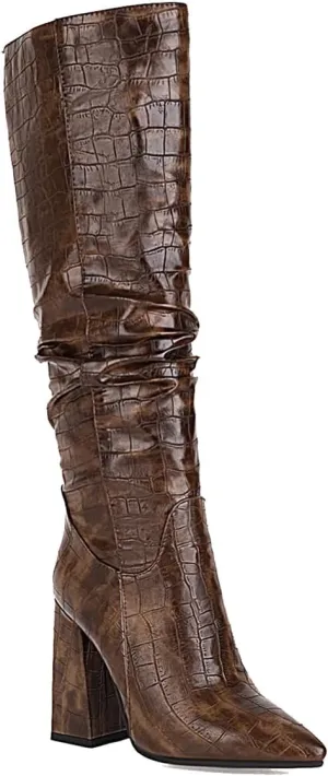 Women's Faux Crocodile Chunky Heel Knee High Boots Pointed Toe Comfortable High Heel Tall Boots Fall Winter Boots