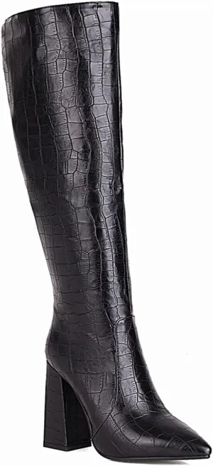 Women's Faux Crocodile Chunky Heel Knee High Boots Pointed Toe Comfortable High Heel Tall Boots Fall Winter Boots