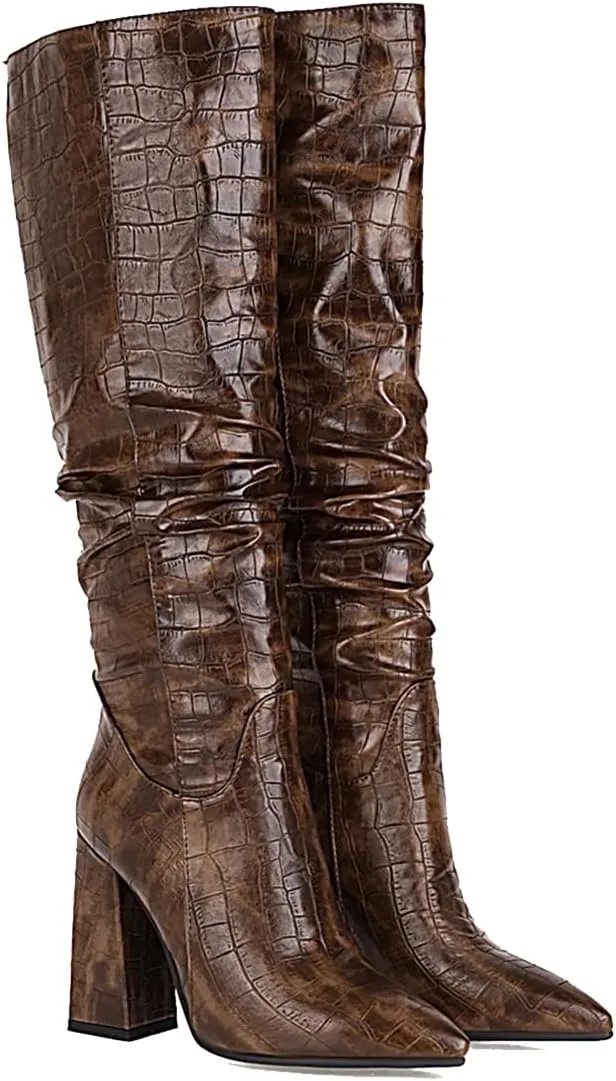 Women's Faux Crocodile Chunky Heel Knee High Boots Pointed Toe Comfortable High Heel Tall Boots Fall Winter Boots