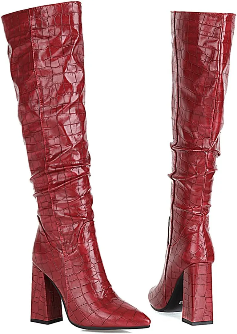 Women's Faux Crocodile Chunky Heel Knee High Boots Pointed Toe Comfortable High Heel Tall Boots Fall Winter Boots