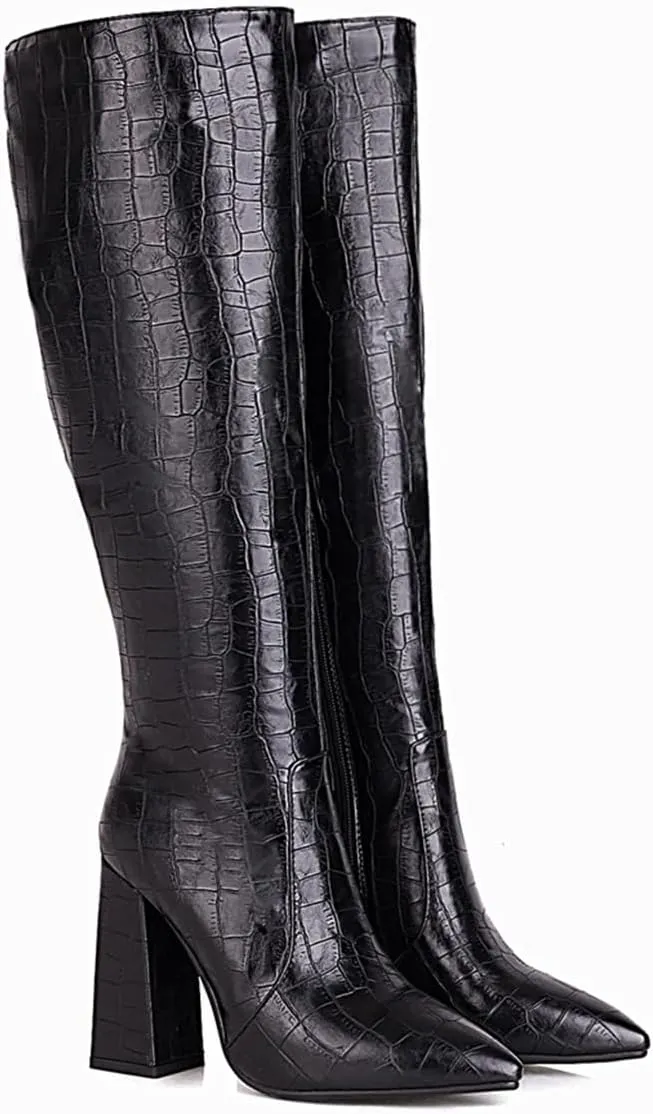 Women's Faux Crocodile Chunky Heel Knee High Boots Pointed Toe Comfortable High Heel Tall Boots Fall Winter Boots