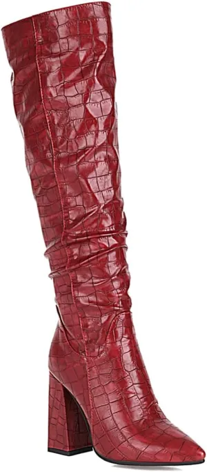 Women's Faux Crocodile Chunky Heel Knee High Boots Pointed Toe Comfortable High Heel Tall Boots Fall Winter Boots