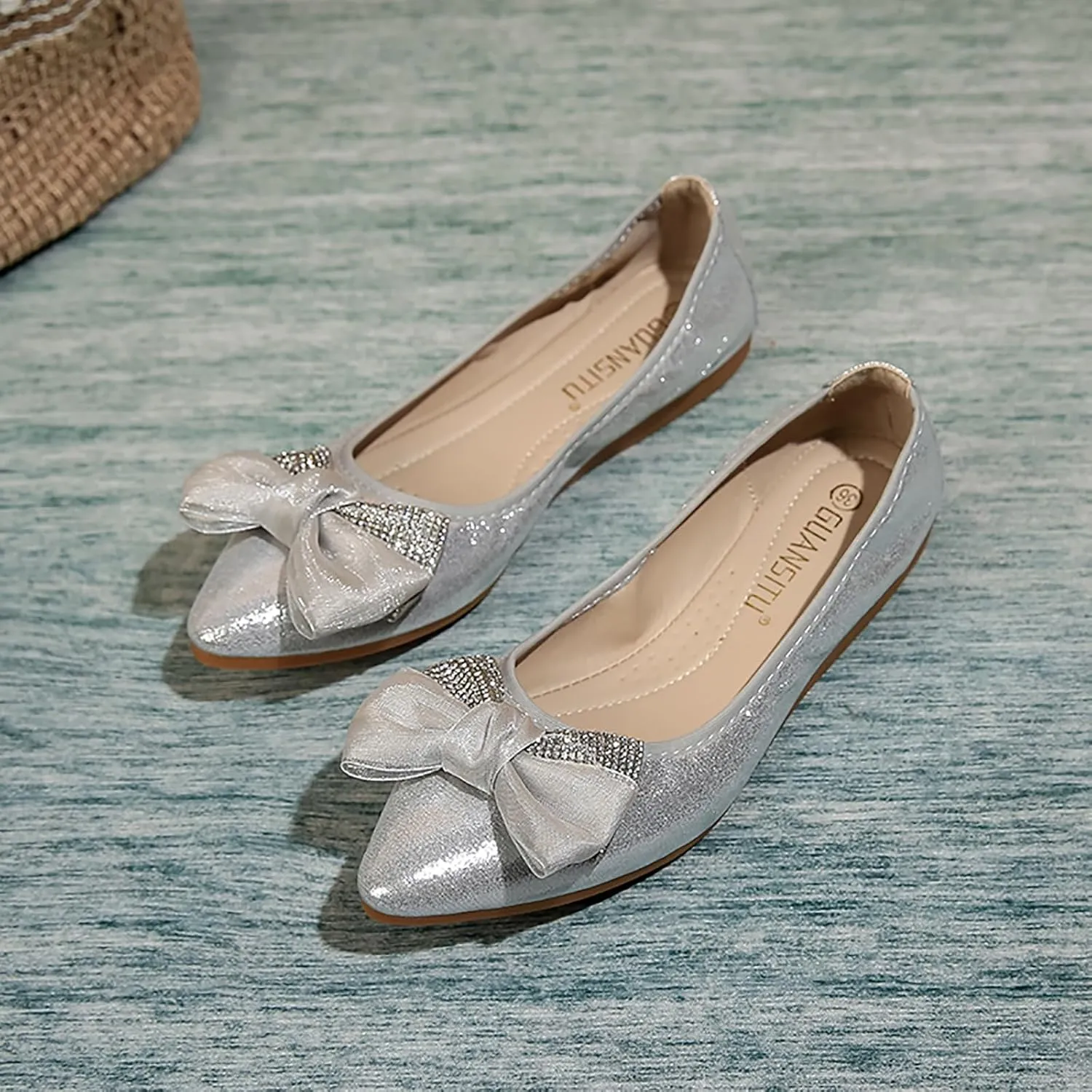 Women's Flats, Foldable Ballet Flats for Women, Fashion Bow Tie Pionted Toe Comfort Lightweight Slip-On Dress Shoes