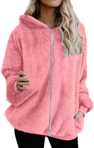 Womens Fuzzy Sherpa Fleece Jacket Zip Up Hooded Oversized Winter Warm Coats Casual Outwear Fall Transitional Fashion