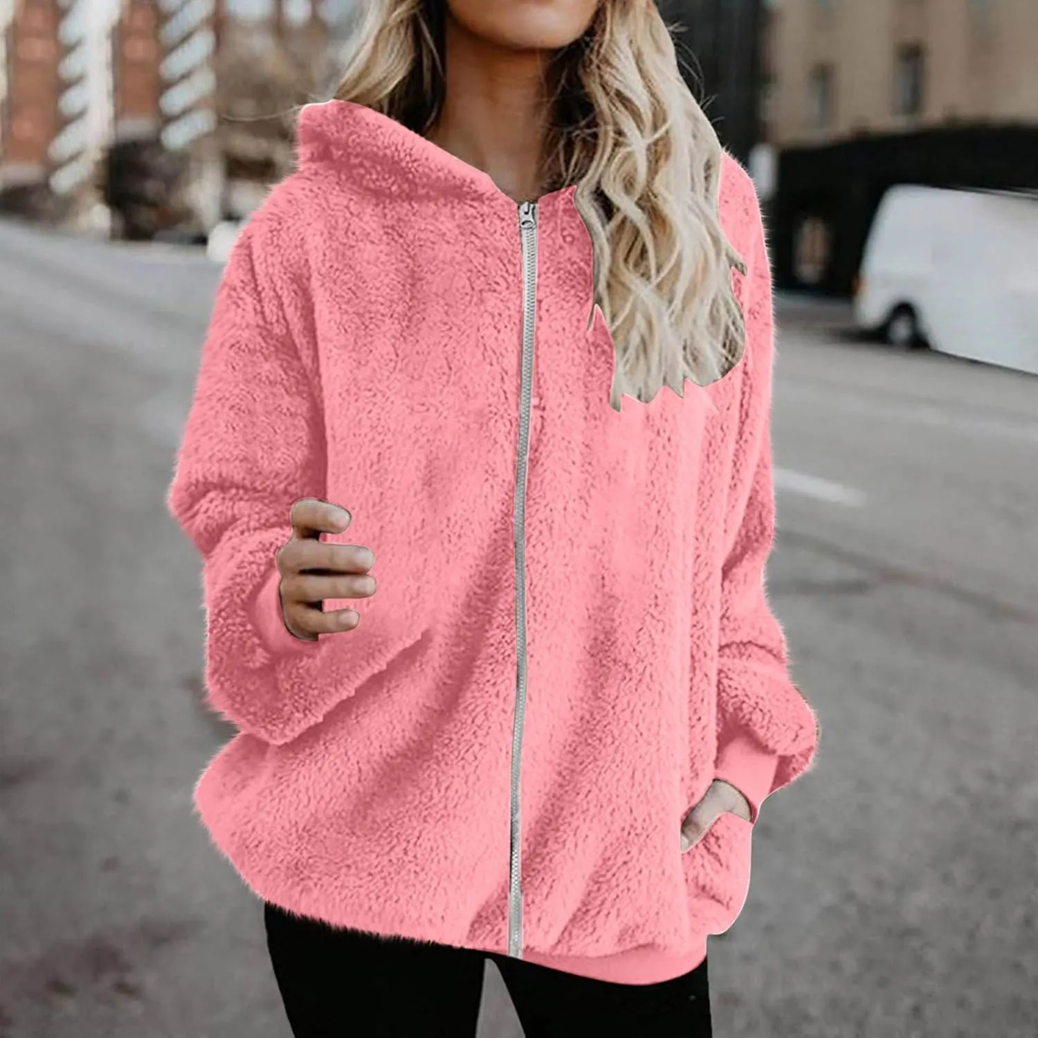 Womens Fuzzy Sherpa Fleece Jacket Zip Up Hooded Oversized Winter Warm Coats Casual Outwear Fall Transitional Fashion