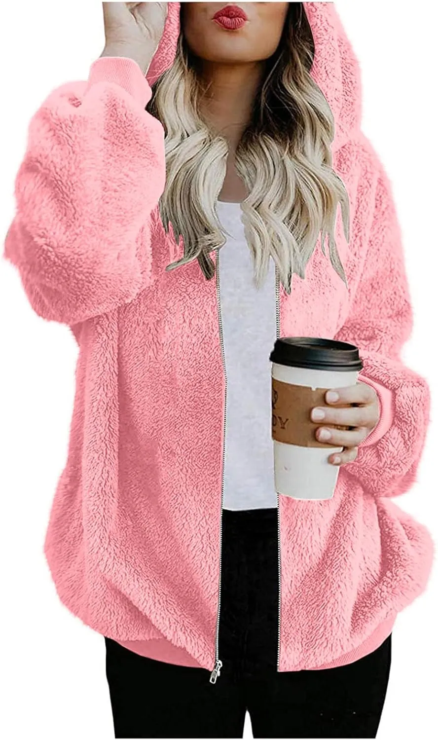 Womens Fuzzy Sherpa Fleece Jacket Zip Up Hooded Oversized Winter Warm Coats Casual Outwear Fall Transitional Fashion