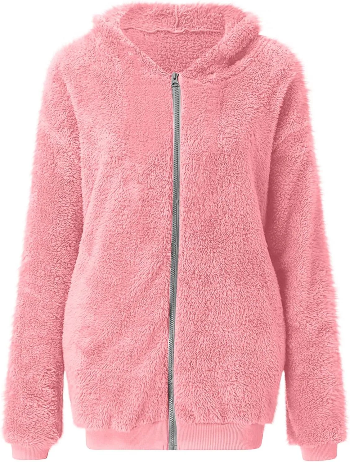 Womens Fuzzy Sherpa Fleece Jacket Zip Up Hooded Oversized Winter Warm Coats Casual Outwear Fall Transitional Fashion