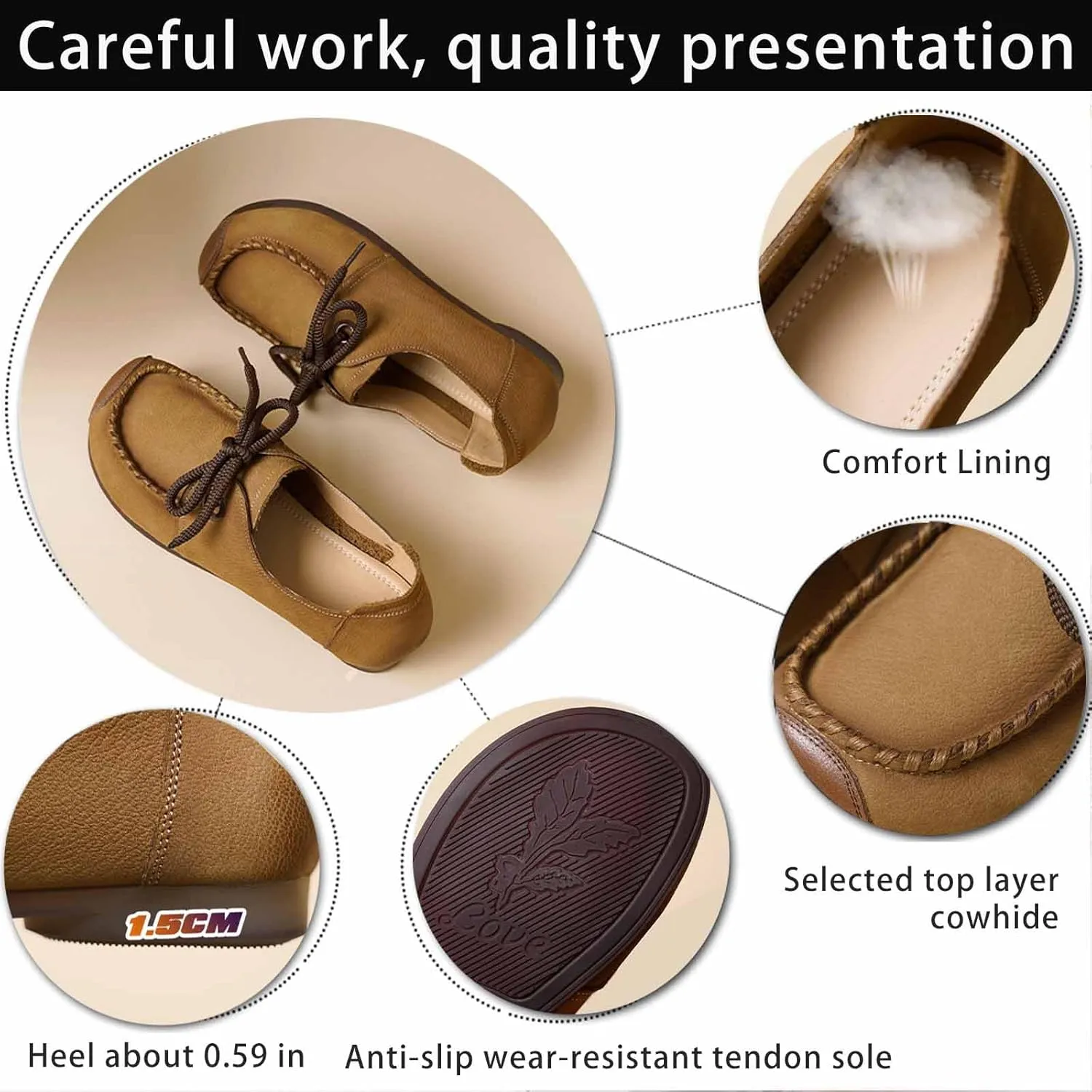 Women's Genuine Leather Lace-up Flat Loafers Handmade Comfortable Round Toe Slip On Anti-Slip Lightweight Soft Sole Moccasins Boat Shoes Casual Walking Penny Loafers for Women