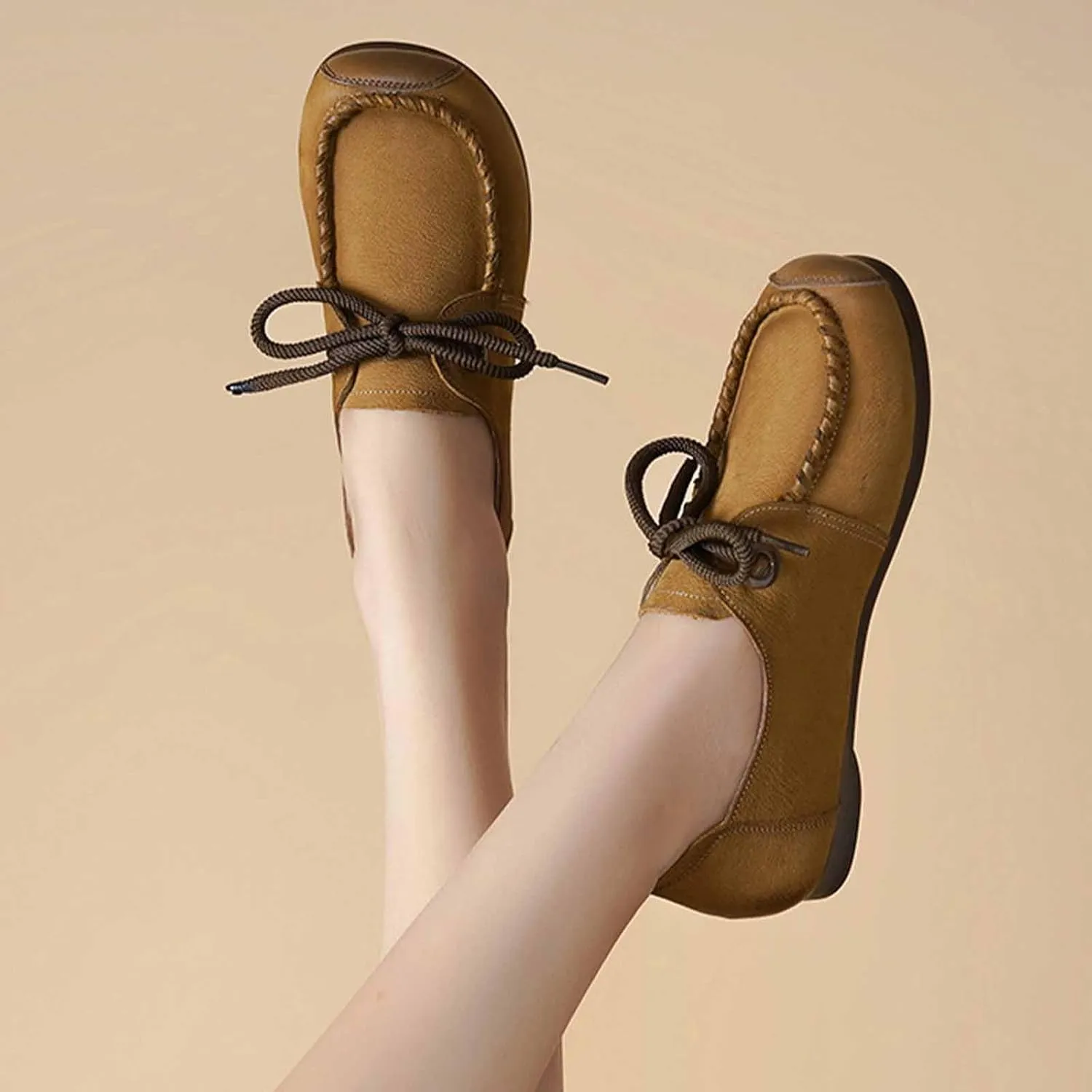 Women's Genuine Leather Lace-up Flat Loafers Handmade Comfortable Round Toe Slip On Anti-Slip Lightweight Soft Sole Moccasins Boat Shoes Casual Walking Penny Loafers for Women