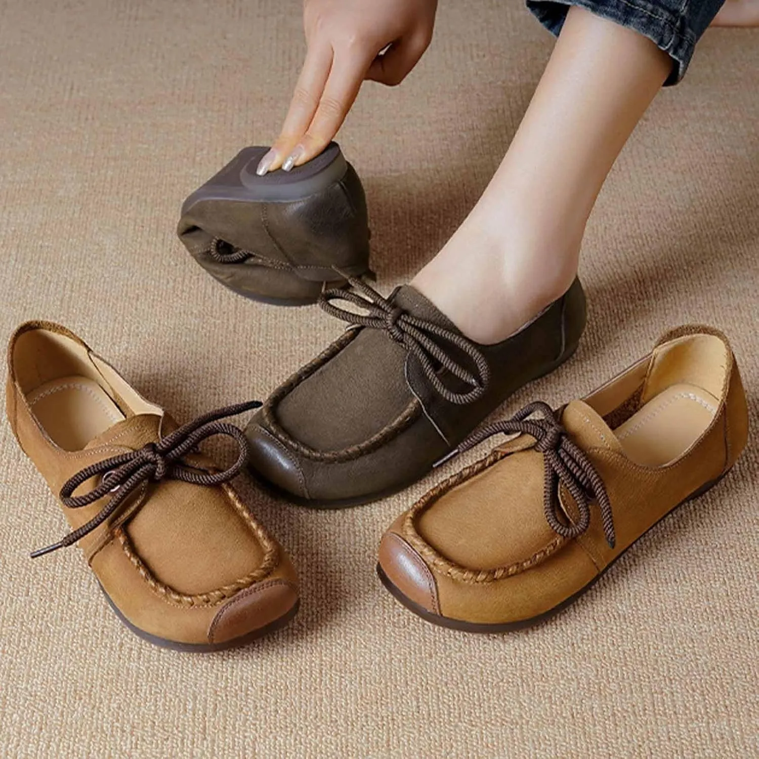 Women's Genuine Leather Lace-up Flat Loafers Handmade Comfortable Round Toe Slip On Anti-Slip Lightweight Soft Sole Moccasins Boat Shoes Casual Walking Penny Loafers for Women