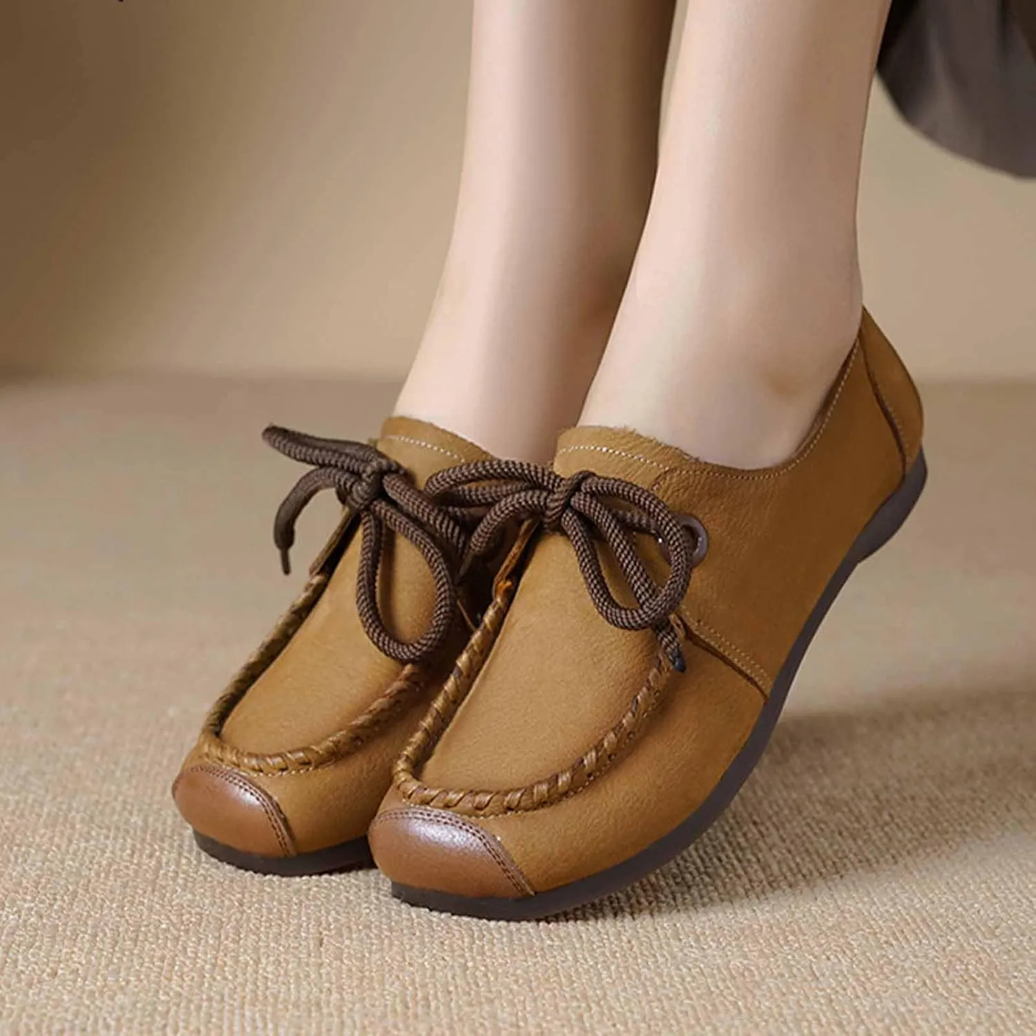 Women's Genuine Leather Lace-up Flat Loafers Handmade Comfortable Round Toe Slip On Anti-Slip Lightweight Soft Sole Moccasins Boat Shoes Casual Walking Penny Loafers for Women