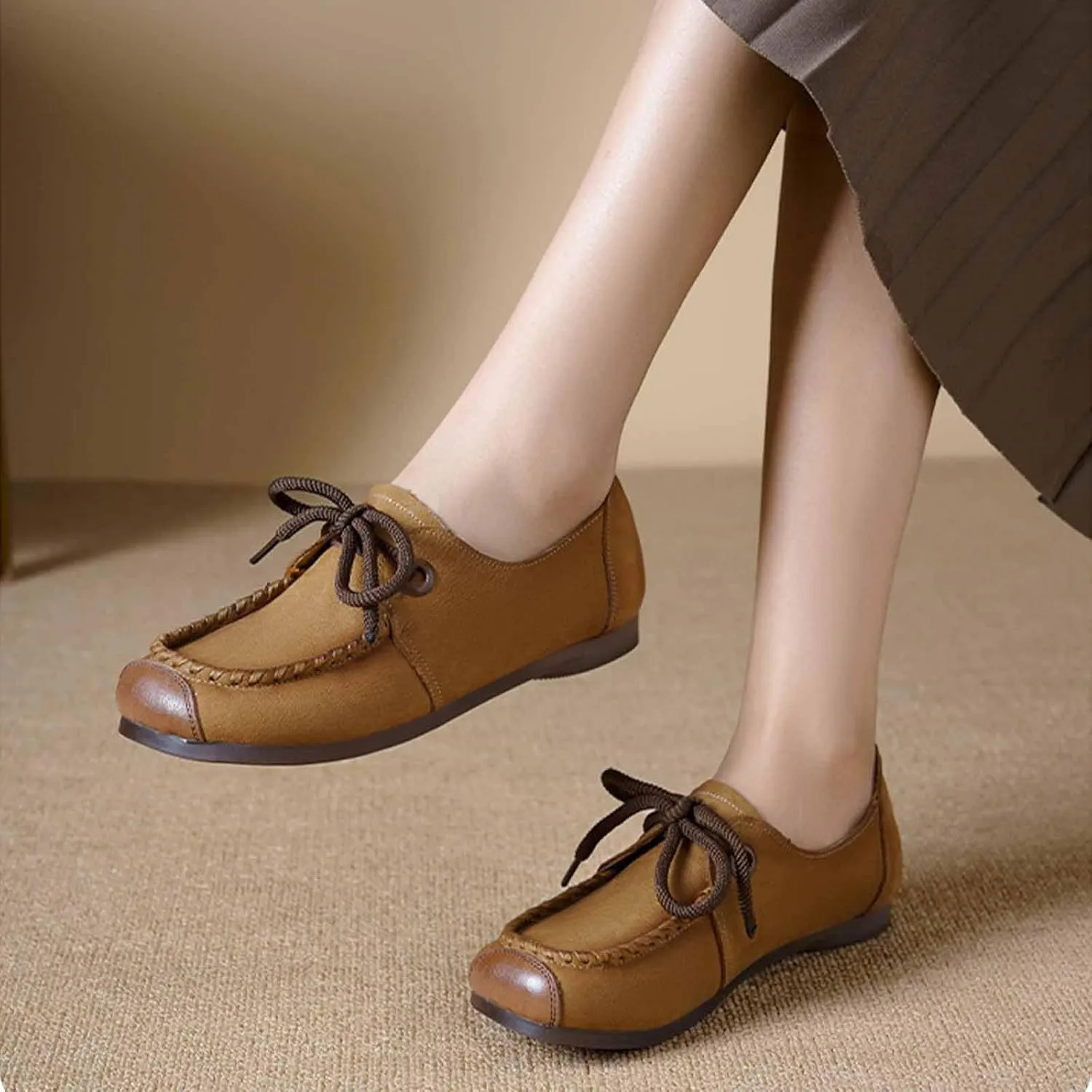 Women's Genuine Leather Lace-up Flat Loafers Handmade Comfortable Round Toe Slip On Anti-Slip Lightweight Soft Sole Moccasins Boat Shoes Casual Walking Penny Loafers for Women
