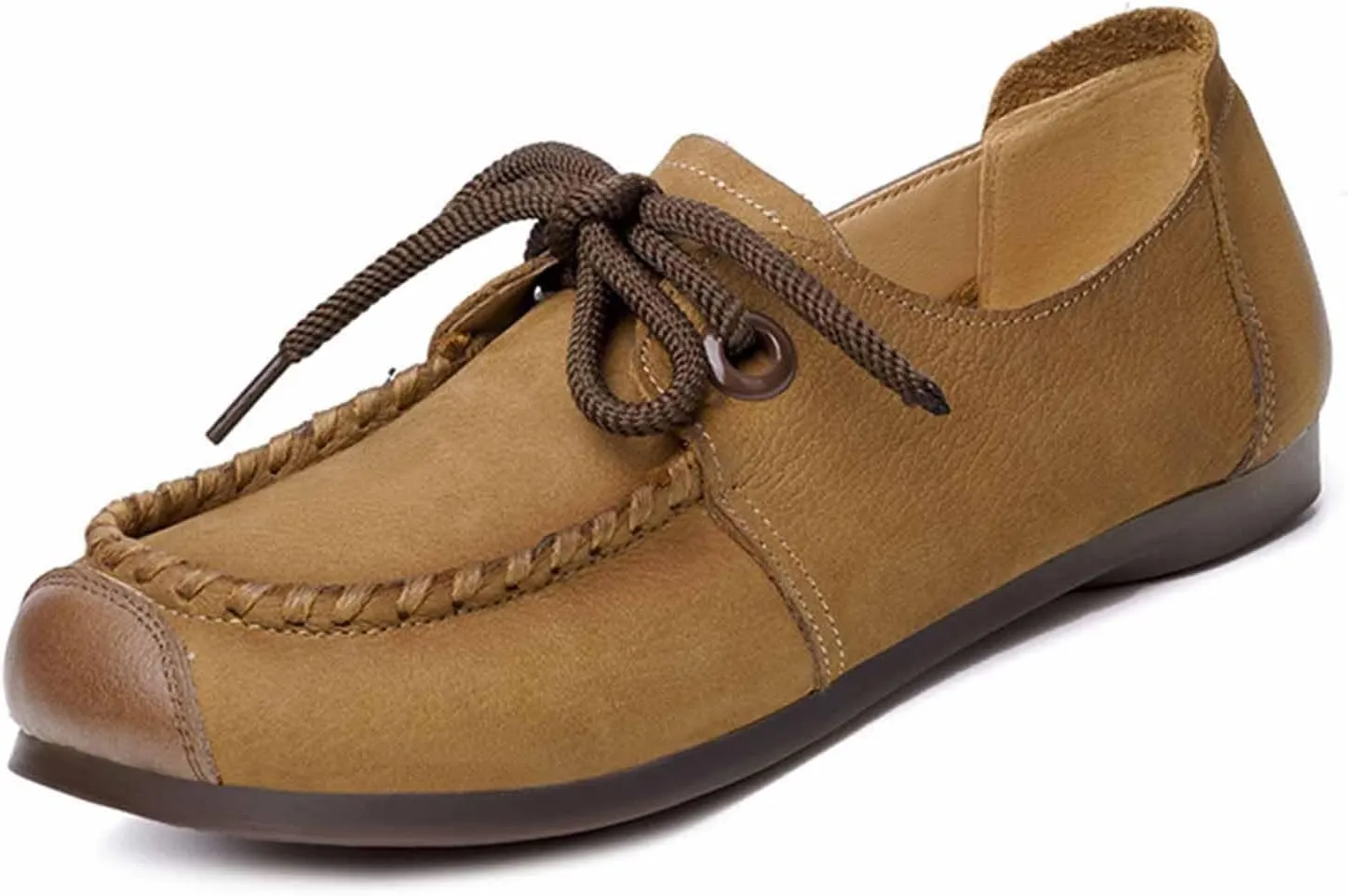 Women's Genuine Leather Lace-up Flat Loafers Handmade Comfortable Round Toe Slip On Anti-Slip Lightweight Soft Sole Moccasins Boat Shoes Casual Walking Penny Loafers for Women