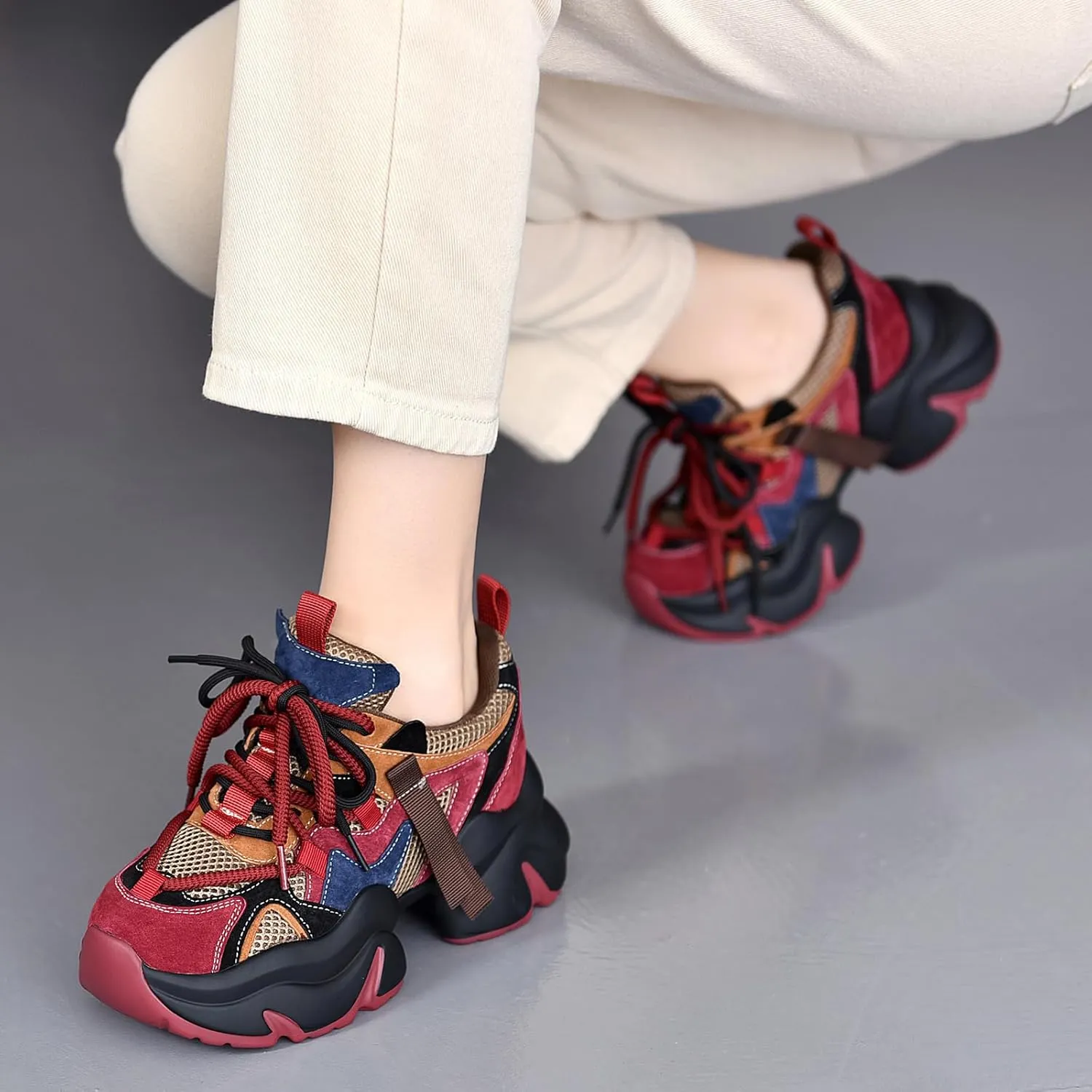 Women's Genuine Leather Mesh Platform Chunky Fashion Sneakers Round Toe Lace-Up Low-Top Anti-Slip Casual Dad Shoes Comfortable Breathable Walking Sport Shoes