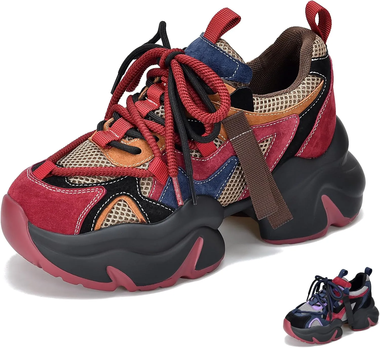 Women's Genuine Leather Mesh Platform Chunky Fashion Sneakers Round Toe Lace-Up Low-Top Anti-Slip Casual Dad Shoes Comfortable Breathable Walking Sport Shoes