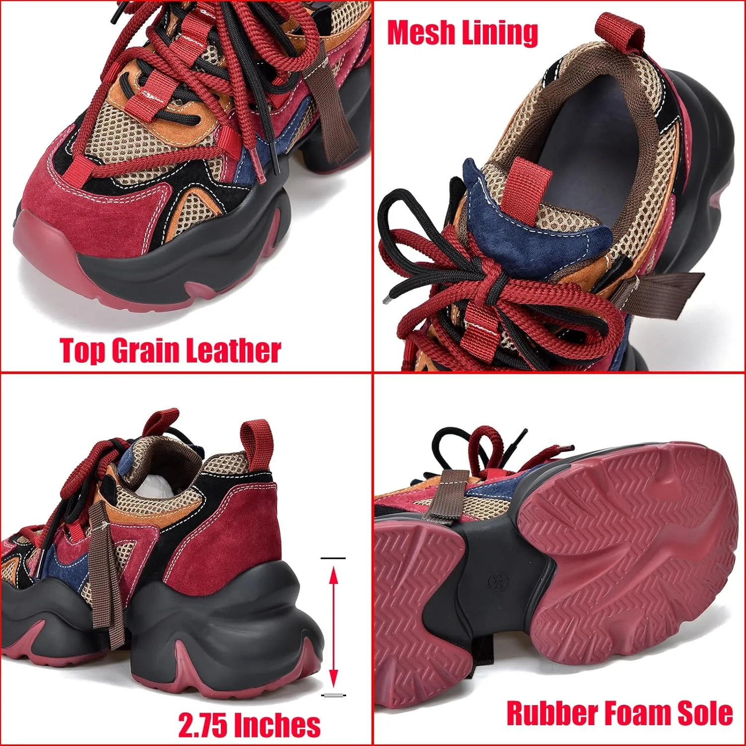 Women's Genuine Leather Mesh Platform Chunky Fashion Sneakers Round Toe Lace-Up Low-Top Anti-Slip Casual Dad Shoes Comfortable Breathable Walking Sport Shoes