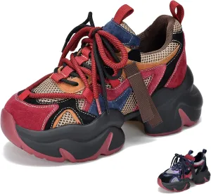 Women's Genuine Leather Mesh Platform Chunky Fashion Sneakers Round Toe Lace-Up Low-Top Anti-Slip Casual Dad Shoes Comfortable Breathable Walking Sport Shoes