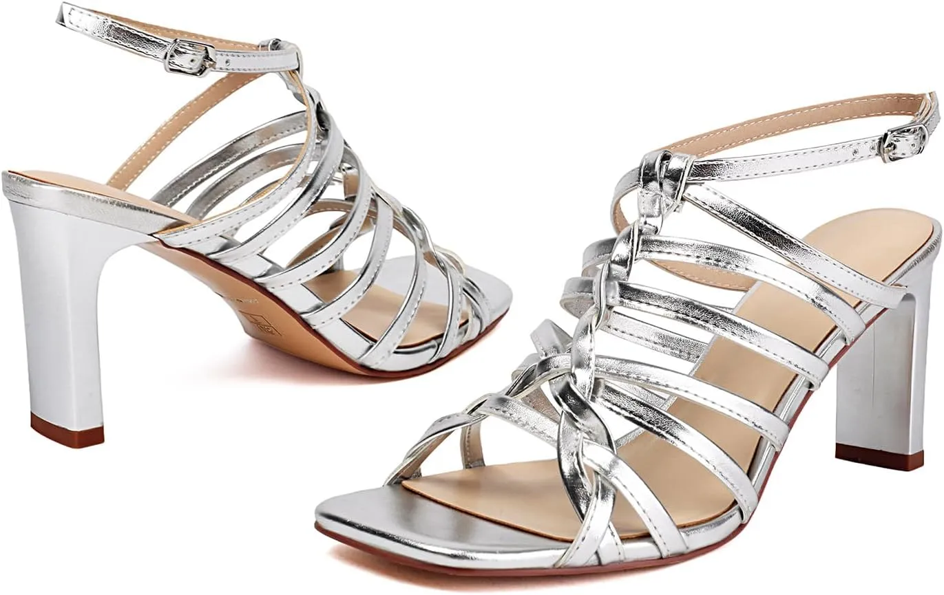 Women's Gladiator Heeled Sandals Summer Dressy Strappy Square Open Toe Chunky High Heels with Ankle Strap, Sexy Fashion Comfort Shoes for Party Casual Sandals