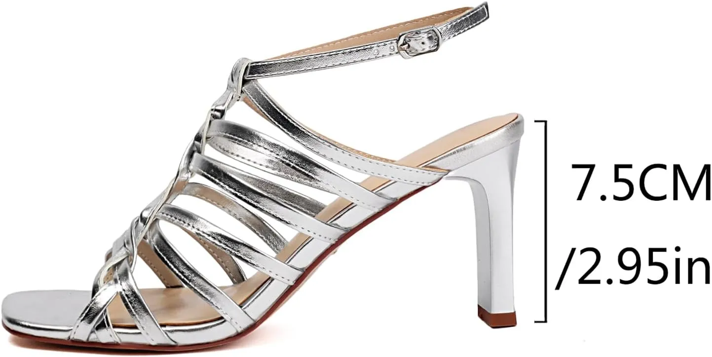 Women's Gladiator Heeled Sandals Summer Dressy Strappy Square Open Toe Chunky High Heels with Ankle Strap, Sexy Fashion Comfort Shoes for Party Casual Sandals