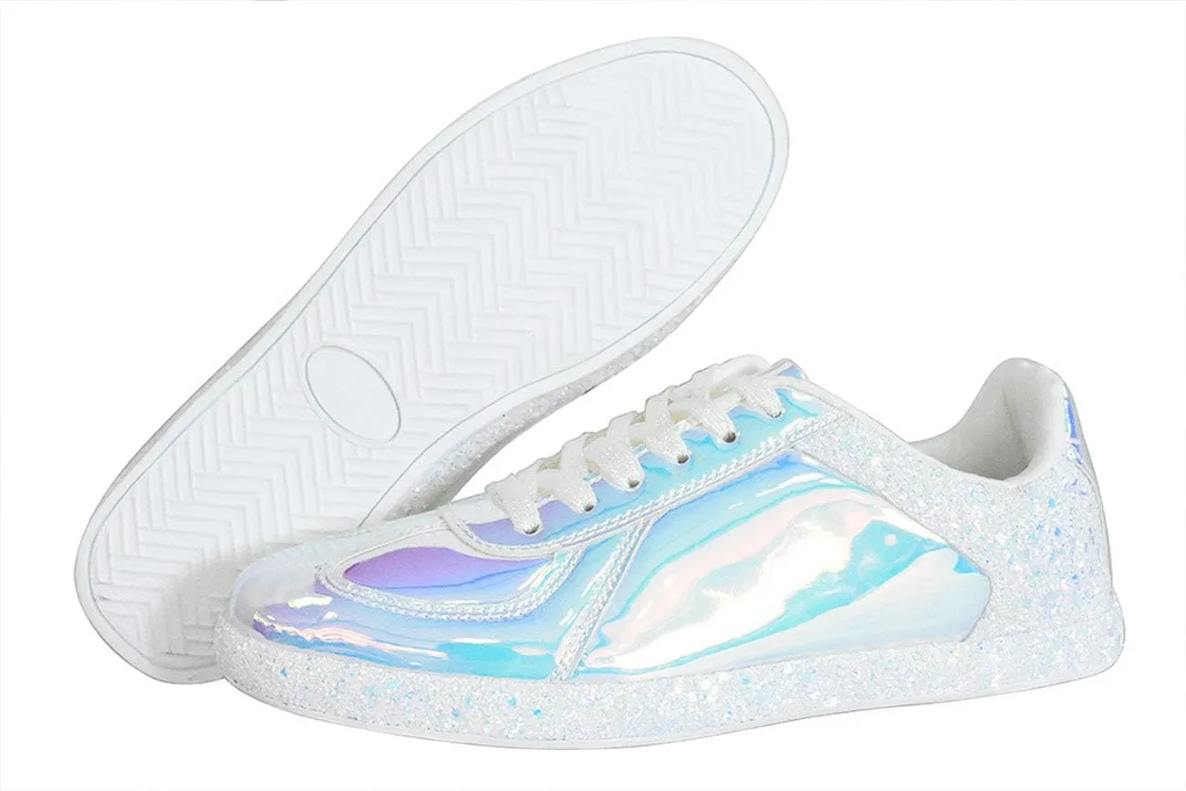 Women's Glitter Metallic Holographic Sparkle Sneakers Casual Flat Sneakers with Bright Colors