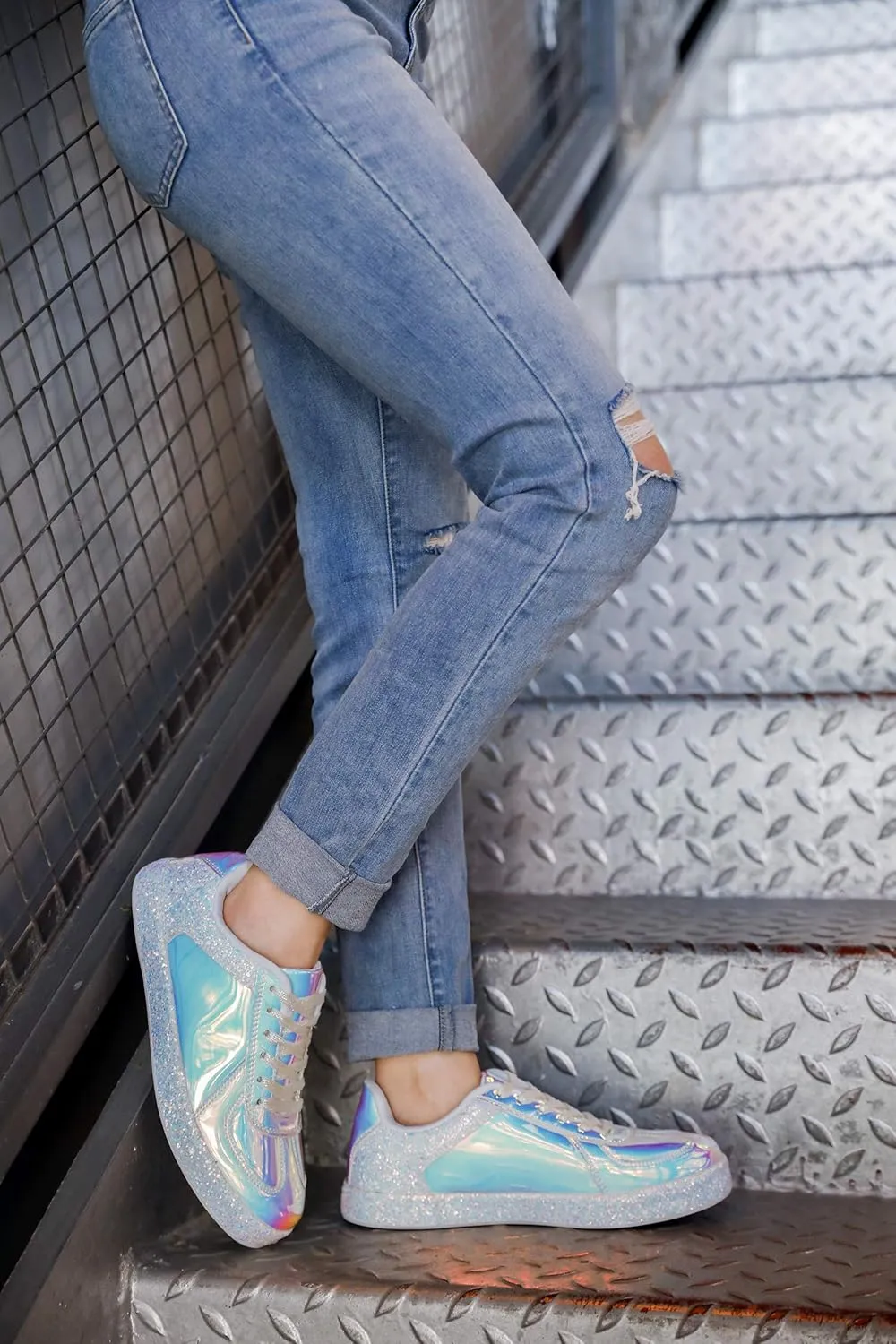 Women's Glitter Metallic Holographic Sparkle Sneakers Casual Flat Sneakers with Bright Colors