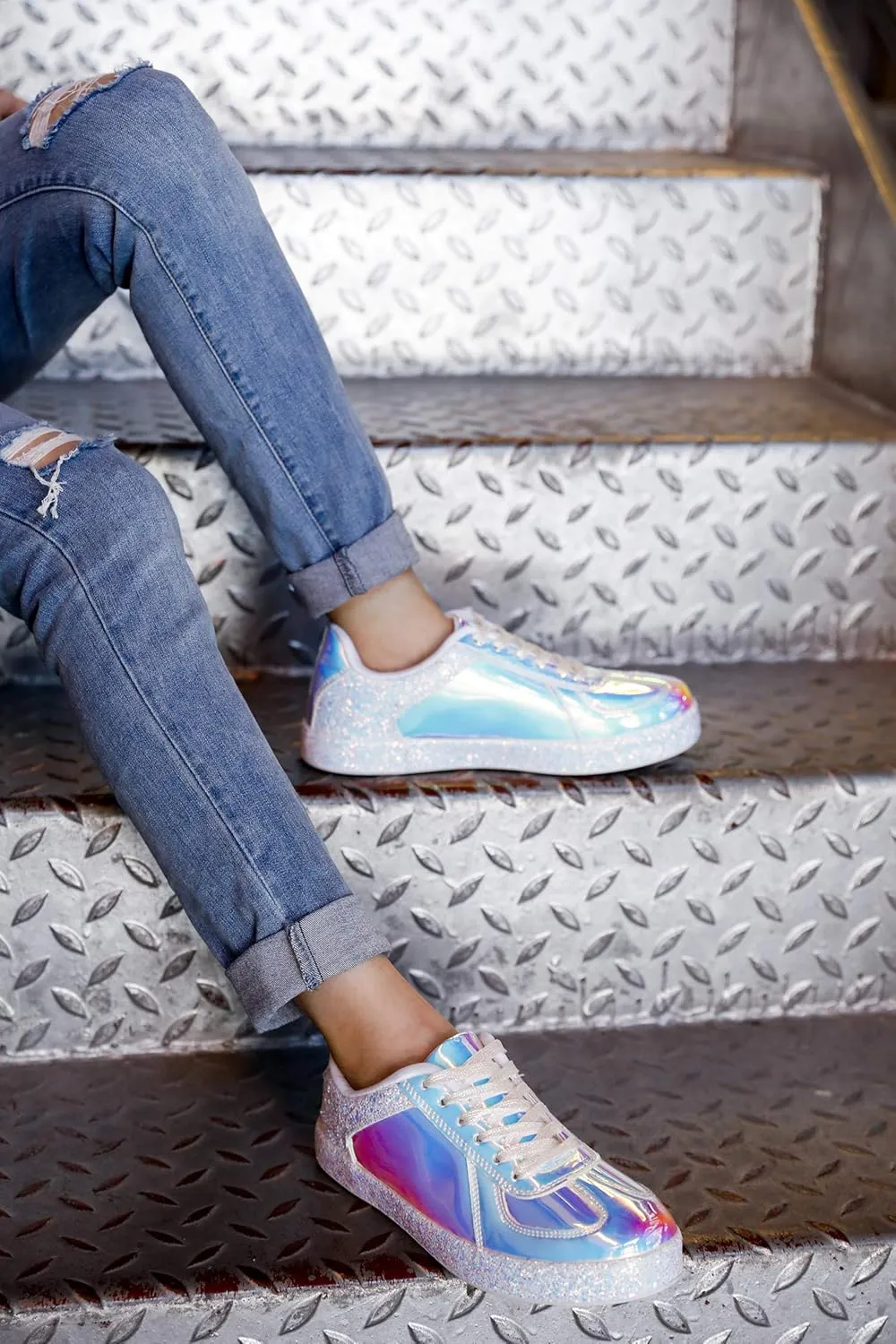 Women's Glitter Metallic Holographic Sparkle Sneakers Casual Flat Sneakers with Bright Colors