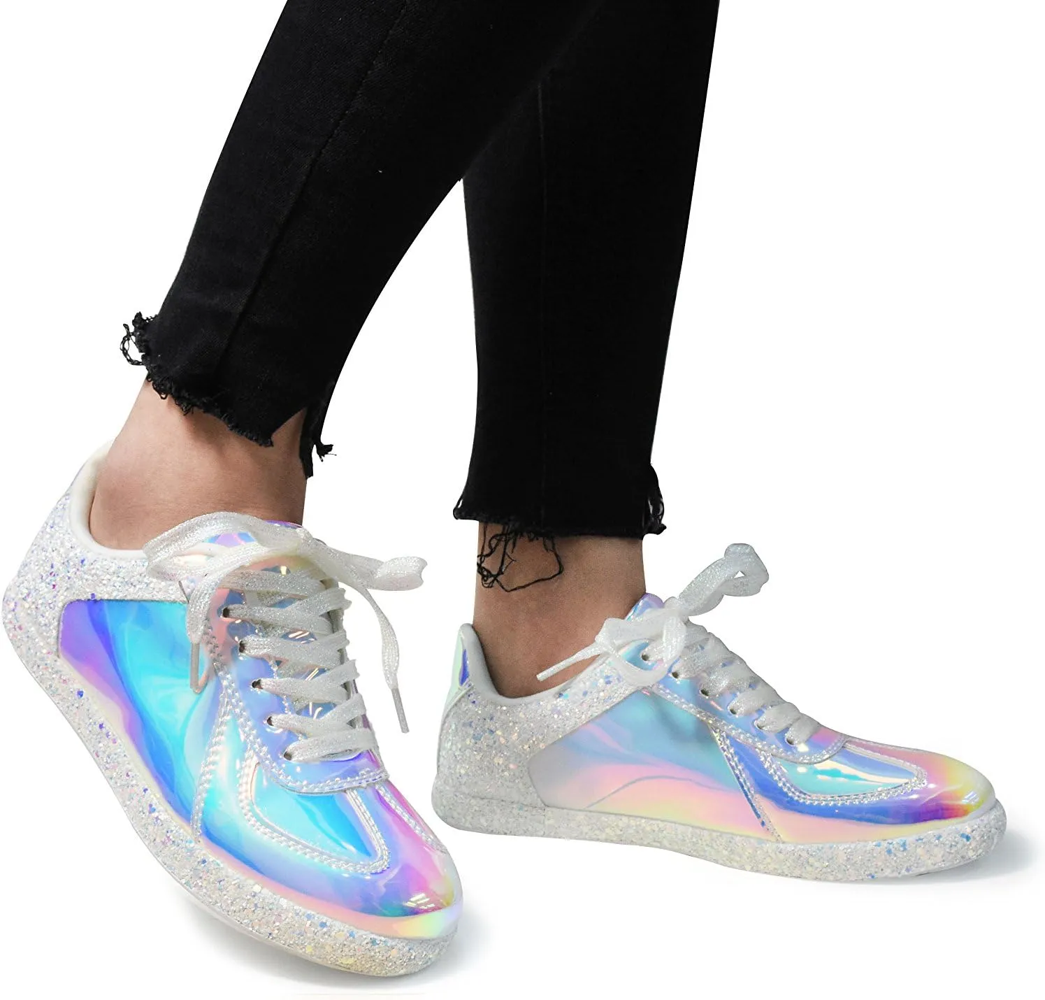 Women's Glitter Metallic Holographic Sparkle Sneakers Casual Flat Sneakers with Bright Colors