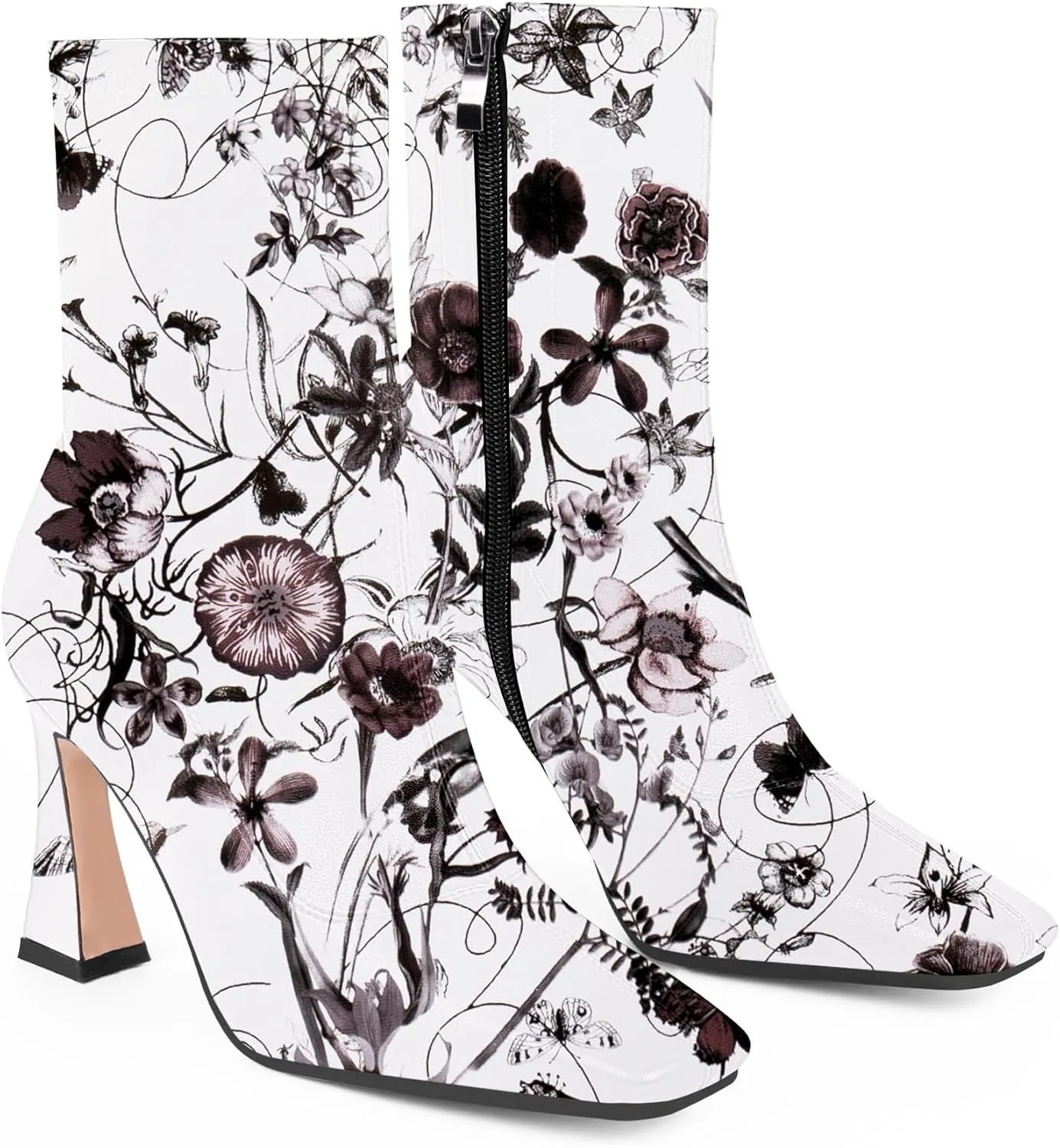 Women's High Heel Fall Ankle Boots Square Toe Side Zipper Dress Booties