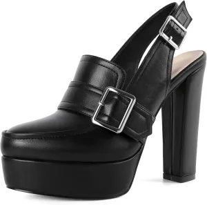 Women's High Heel Loafers Platform Pumps Round Toe Heels Chunky Heel Pumps Stylish Comfortable 4.8 Inch Slingback Heels