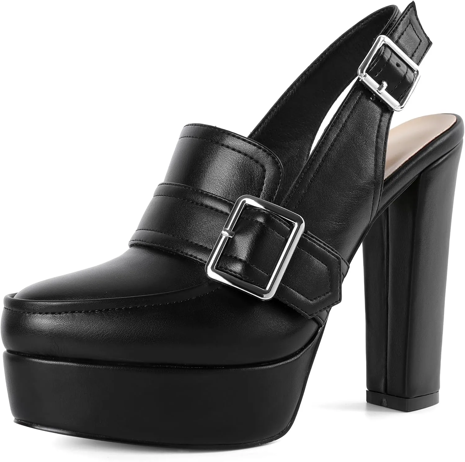 Women's High Heel Loafers Platform Pumps Round Toe Heels Chunky Heel Pumps Stylish Comfortable 4.8 Inch Slingback Heels