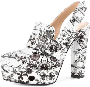 Women's High Heel Loafers Platform Pumps Round Toe Heels Chunky Heel Pumps Stylish Comfortable 4.8 Inch Slingback Heels