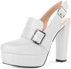 Women's High Heel Loafers Platform Pumps Round Toe Heels Chunky Heel Pumps Stylish Comfortable 4.8 Inch Slingback Heels