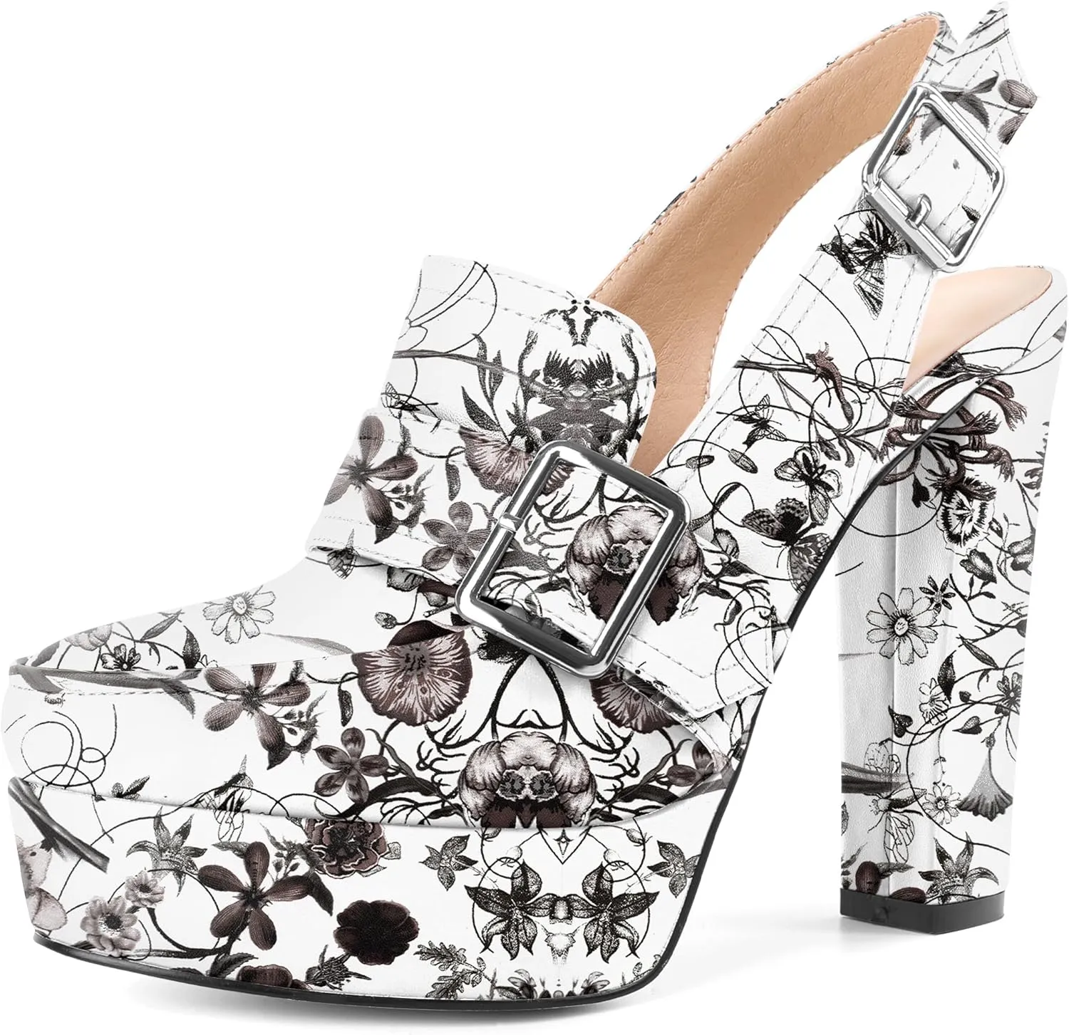 Women's High Heel Loafers Platform Pumps Round Toe Heels Chunky Heel Pumps Stylish Comfortable 4.8 Inch Slingback Heels