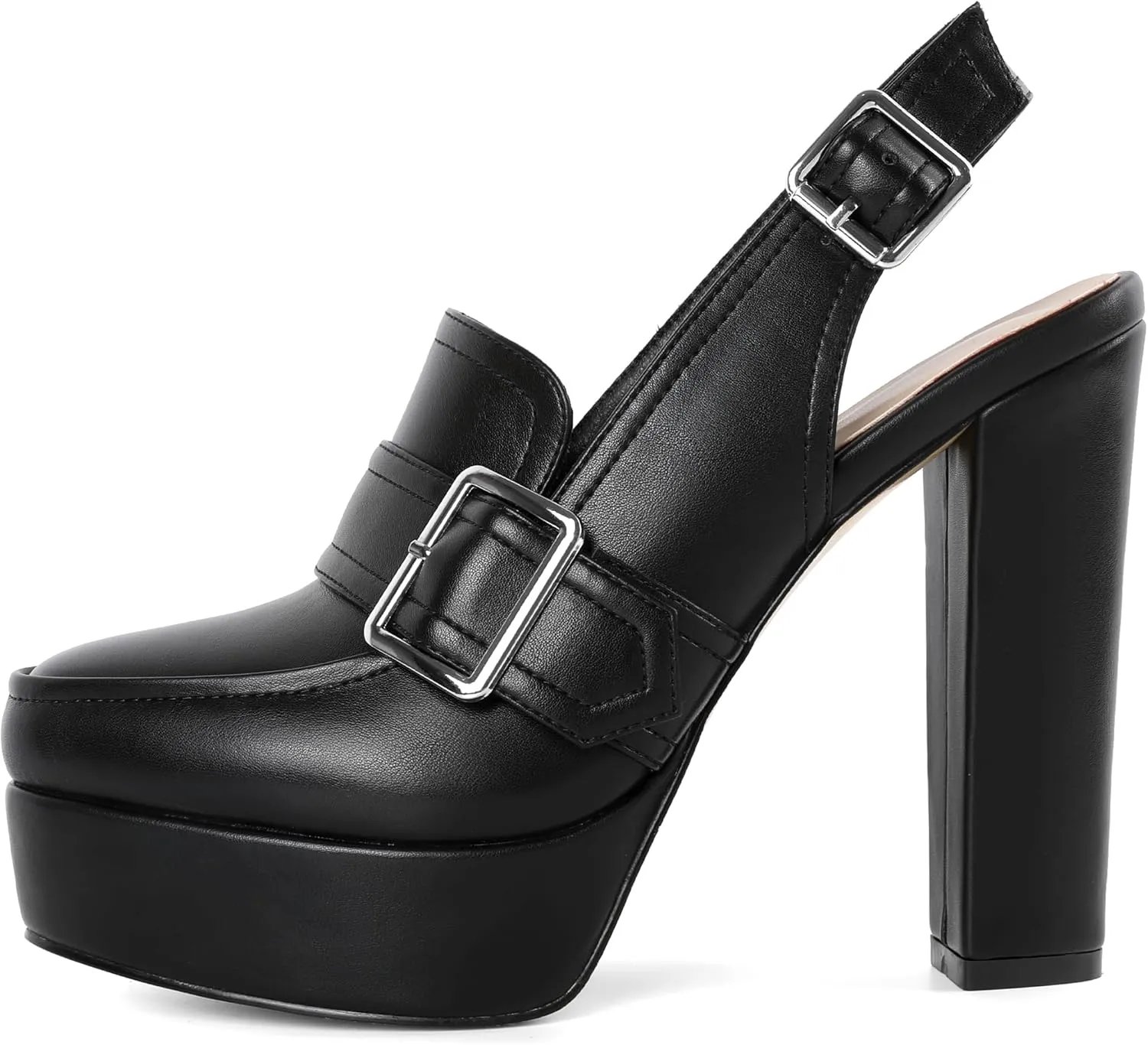 Women's High Heel Loafers Platform Pumps Round Toe Heels Chunky Heel Pumps Stylish Comfortable 4.8 Inch Slingback Heels