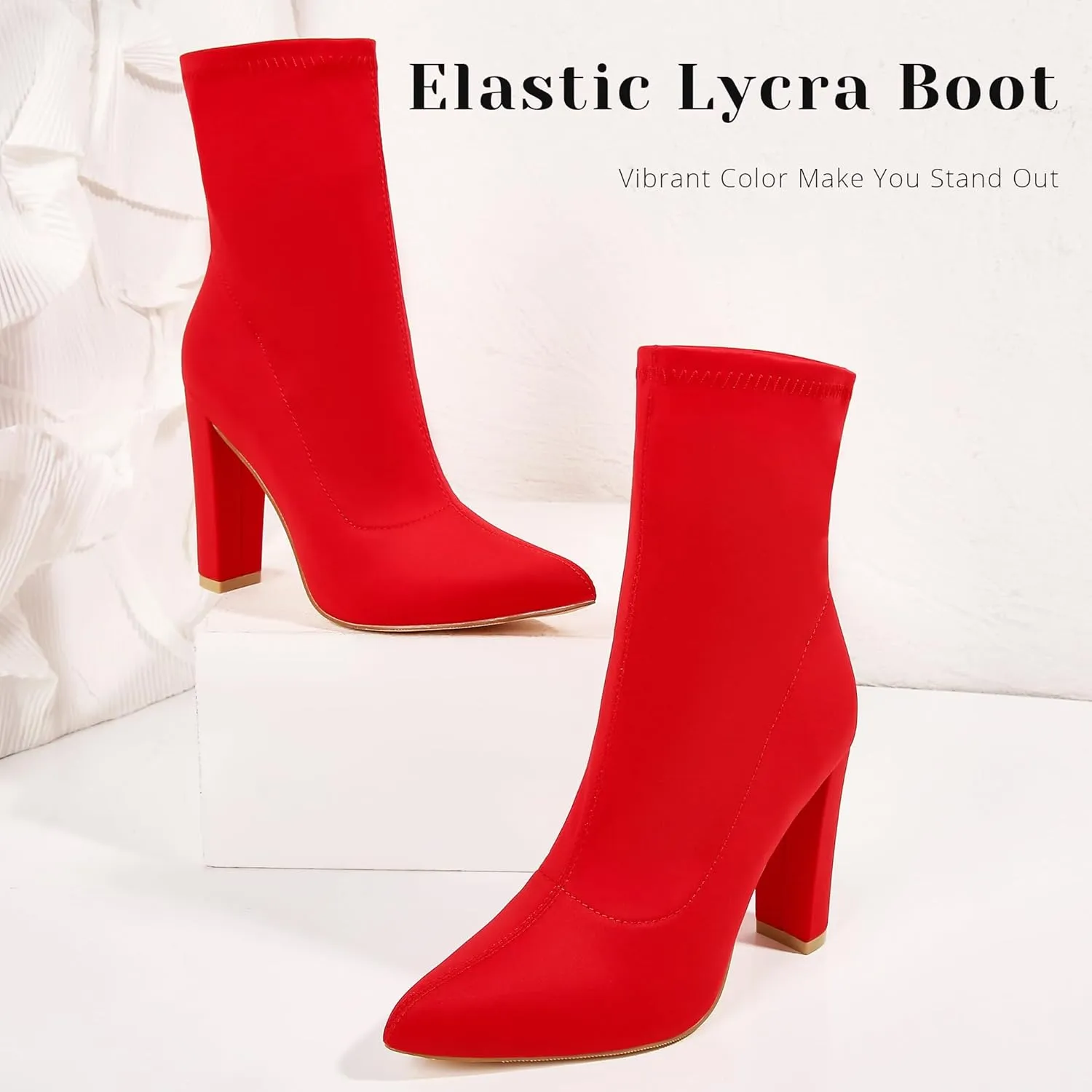 Women's High Heeled Booties Pointed Toe Mid Calf Ankle Boots Block Chunky Heels boot Stretch Fashion Sexy Wedding Short Bootie