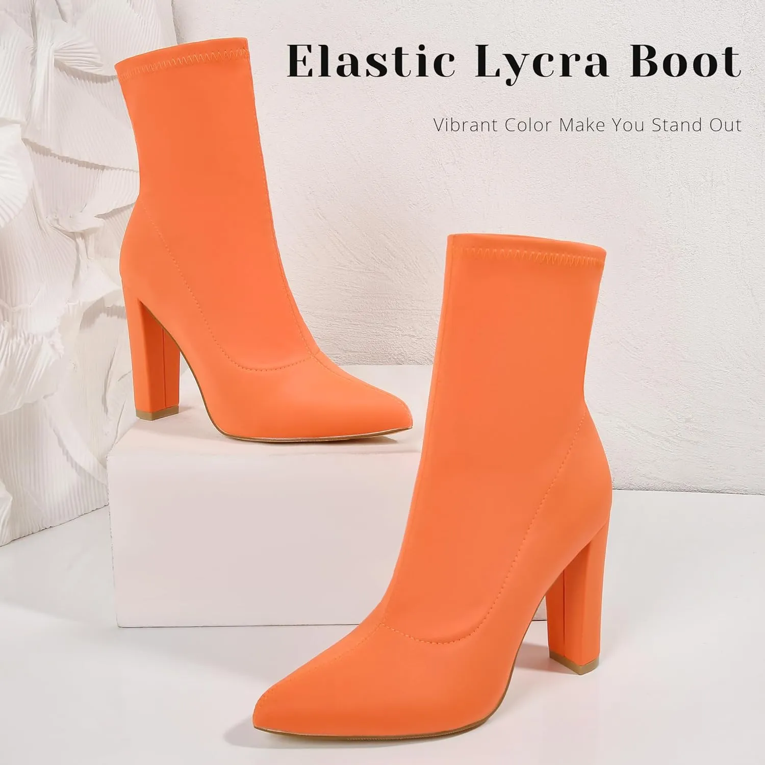 Women's High Heeled Booties Pointed Toe Mid Calf Ankle Boots Block Chunky Heels boot Stretch Fashion Sexy Wedding Short Bootie