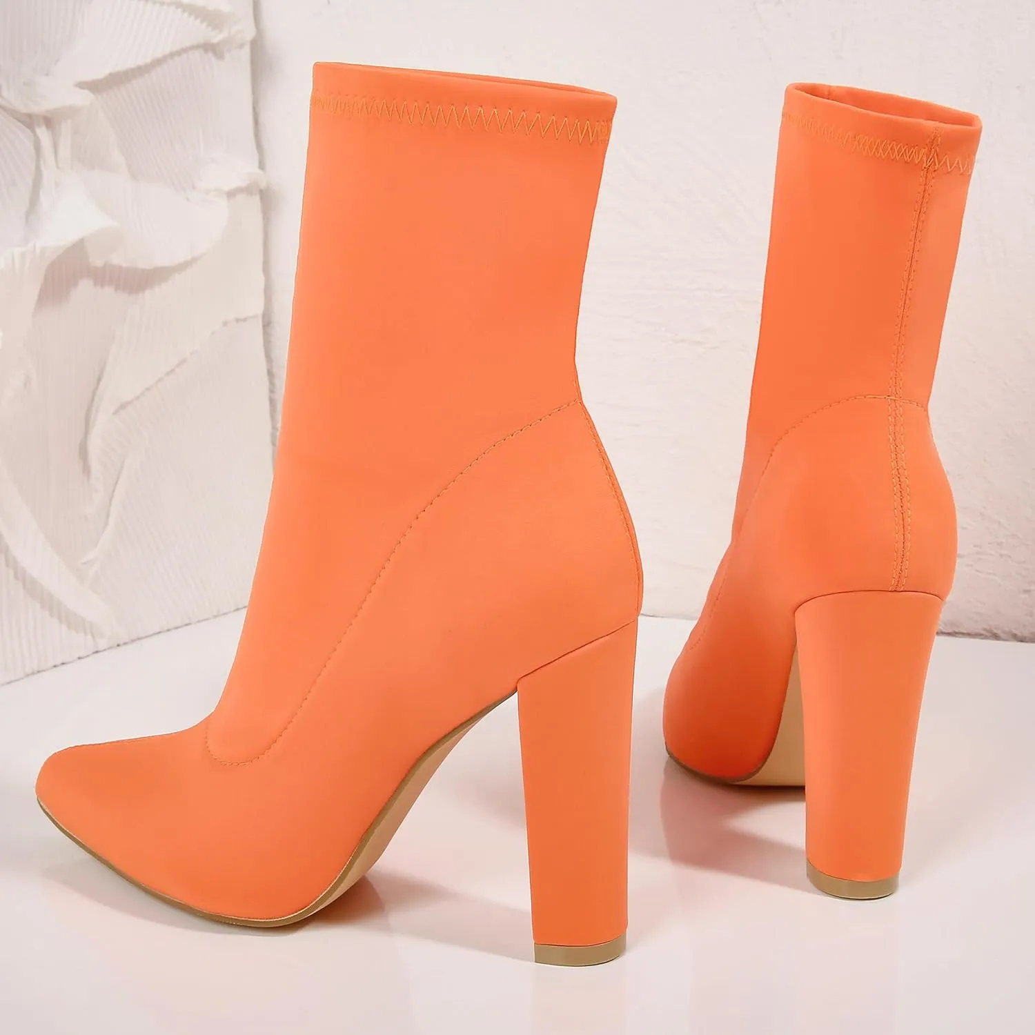 Women's High Heeled Booties Pointed Toe Mid Calf Ankle Boots Block Chunky Heels boot Stretch Fashion Sexy Wedding Short Bootie