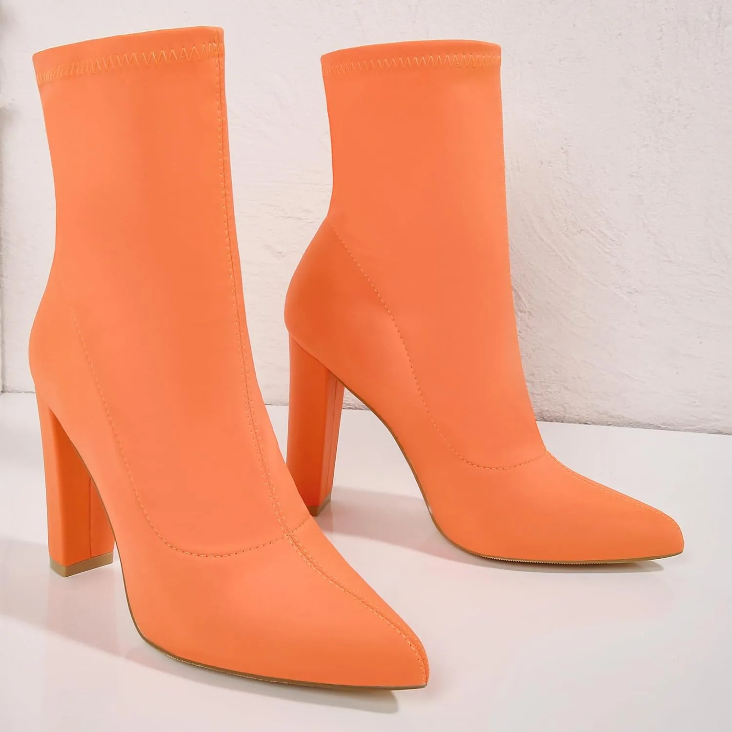 Women's High Heeled Booties Pointed Toe Mid Calf Ankle Boots Block Chunky Heels boot Stretch Fashion Sexy Wedding Short Bootie