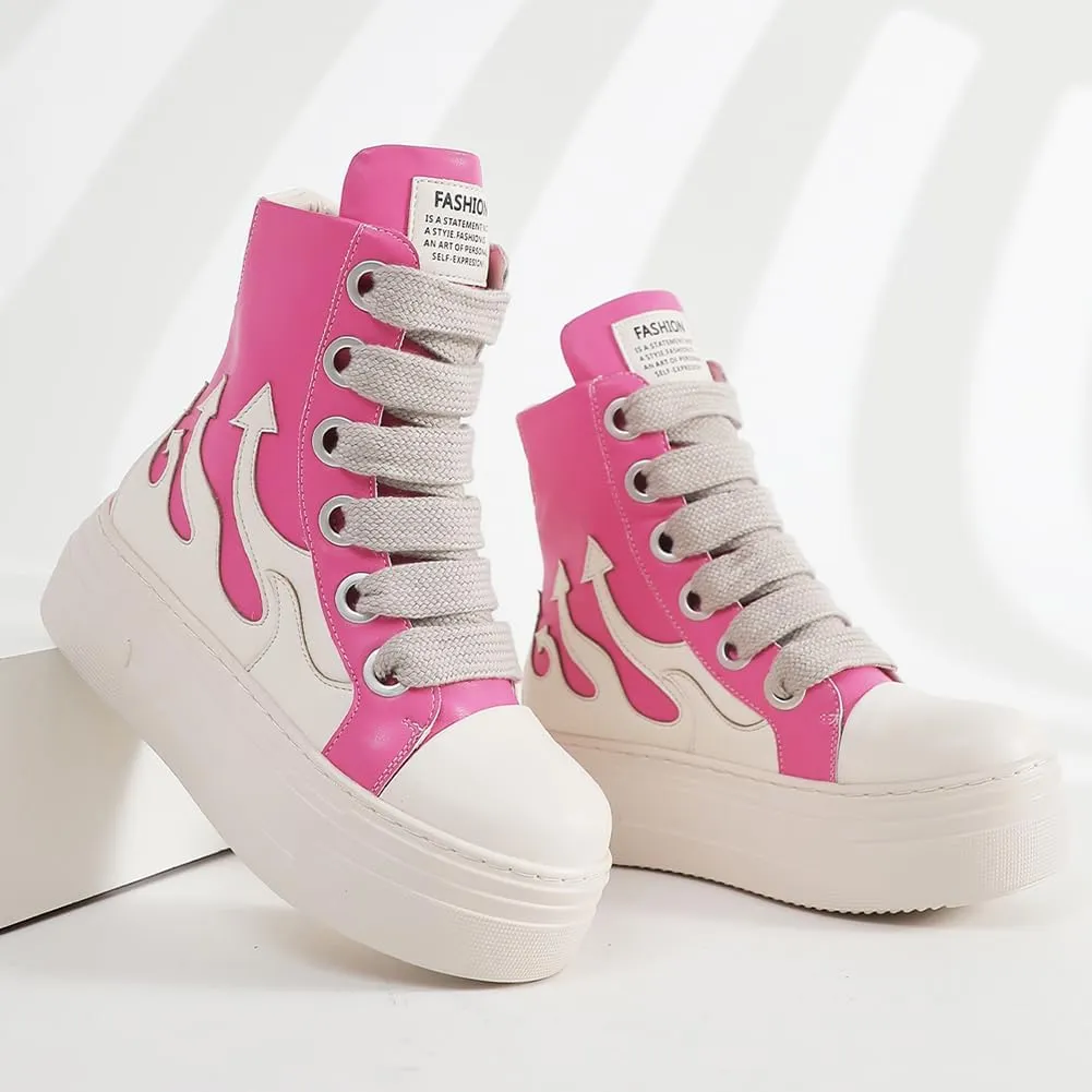 Womens High Top Sneakers Classic Thick Laces PU Leather Platform Shoes Fashion Comfort Walking Shoes