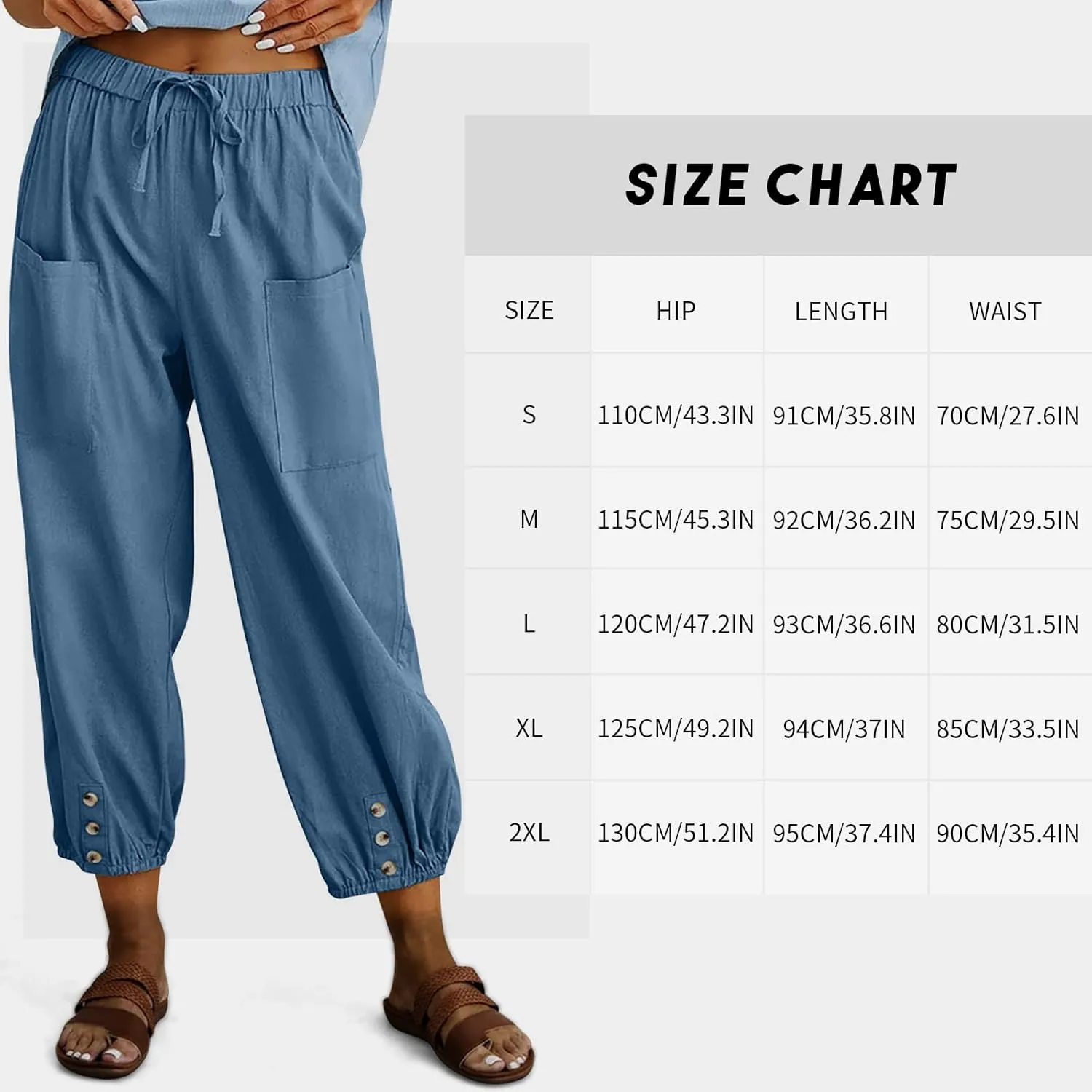 Women's High Waist Pants Drawstring Capri Pants with Pockets Wide Leg Cropped Pants for Women