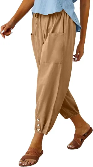 Women's High Waist Pants Drawstring Capri Pants with Pockets Wide Leg Cropped Pants for Women