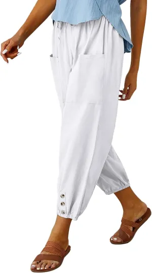 Women's High Waist Pants Drawstring Capri Pants with Pockets Wide Leg Cropped Pants for Women
