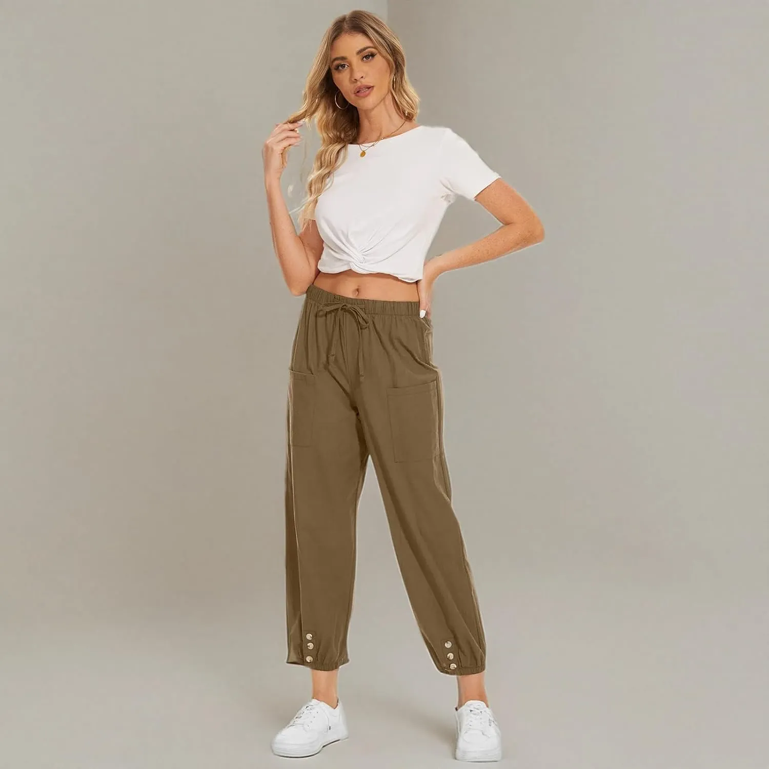 Women's High Waist Pants Drawstring Capri Pants with Pockets Wide Leg Cropped Pants for Women
