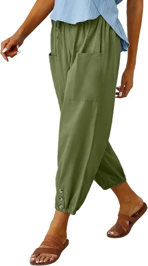 Women's High Waist Pants Drawstring Capri Pants with Pockets Wide Leg Cropped Pants for Women