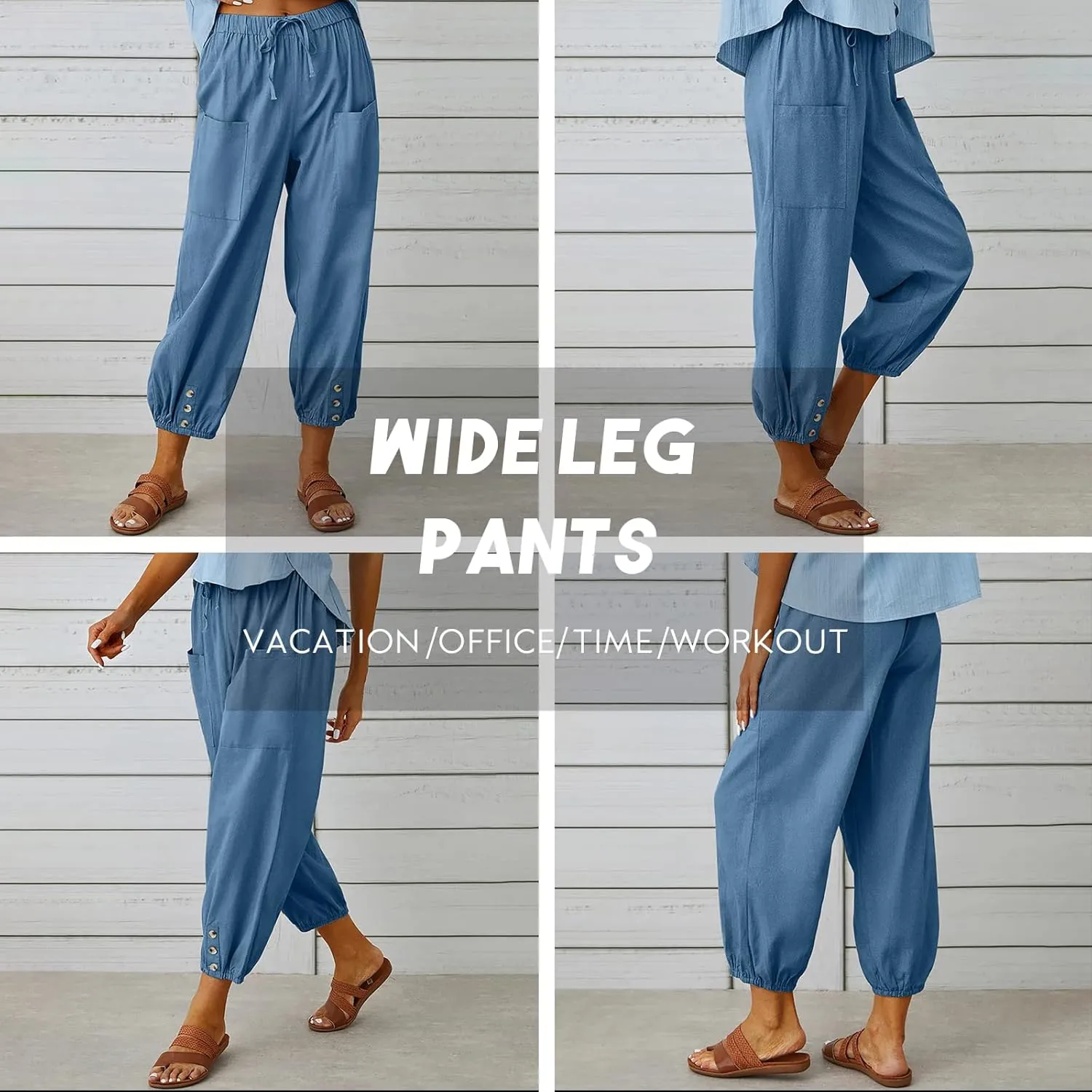 Women's High Waist Pants Drawstring Capri Pants with Pockets Wide Leg Cropped Pants for Women